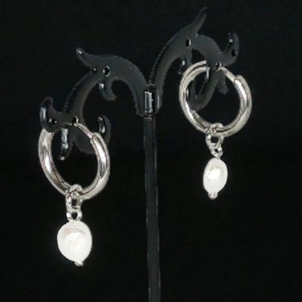 Silver Hoops Interchangable Pearl & Hot Pink Enamel Charms Mod 1960s Dopamine - Picture 4 of 10